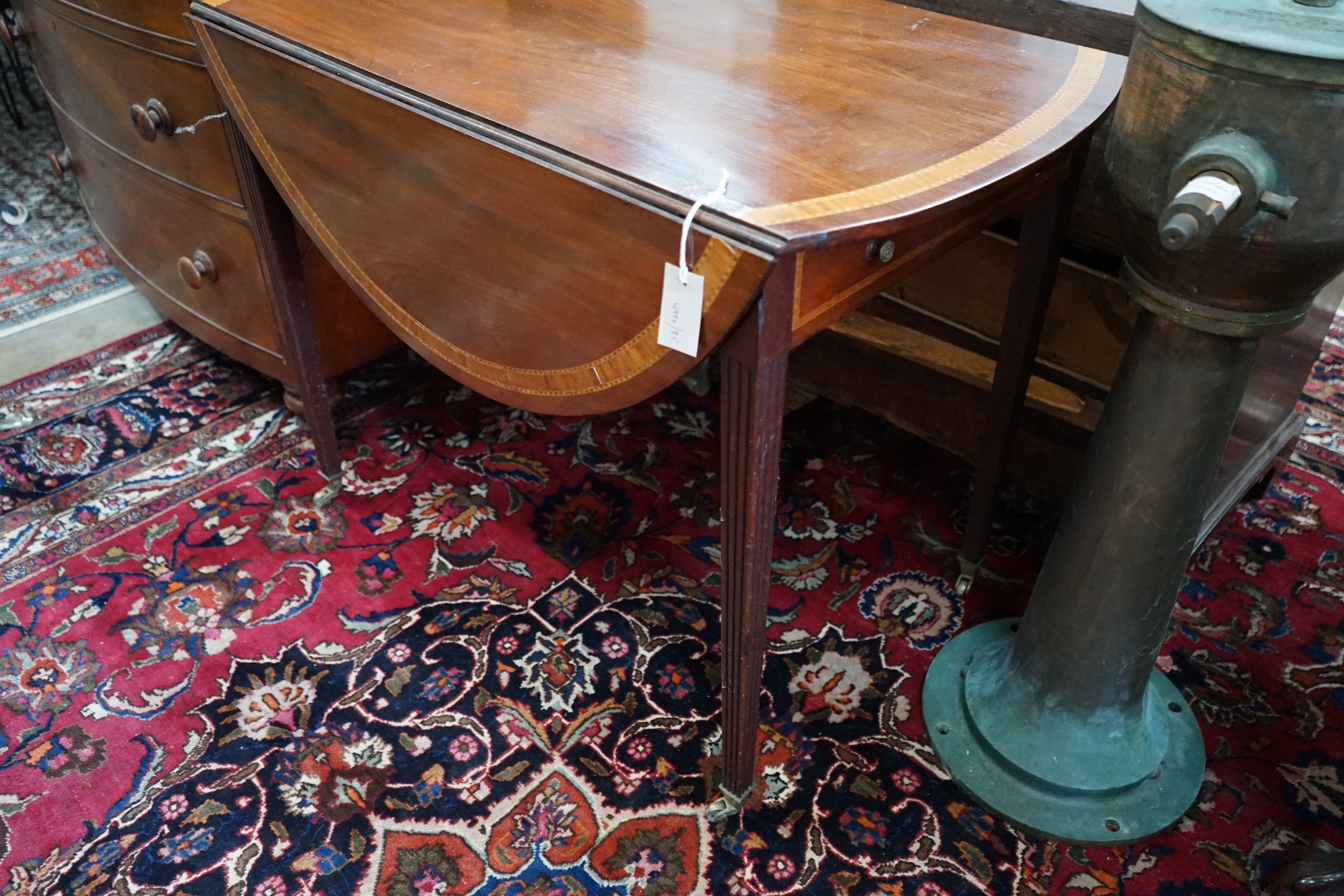 A George III and later satinwood banded mahogany oval Pembroke table, width 99cm, depth 56cm, height 75cm